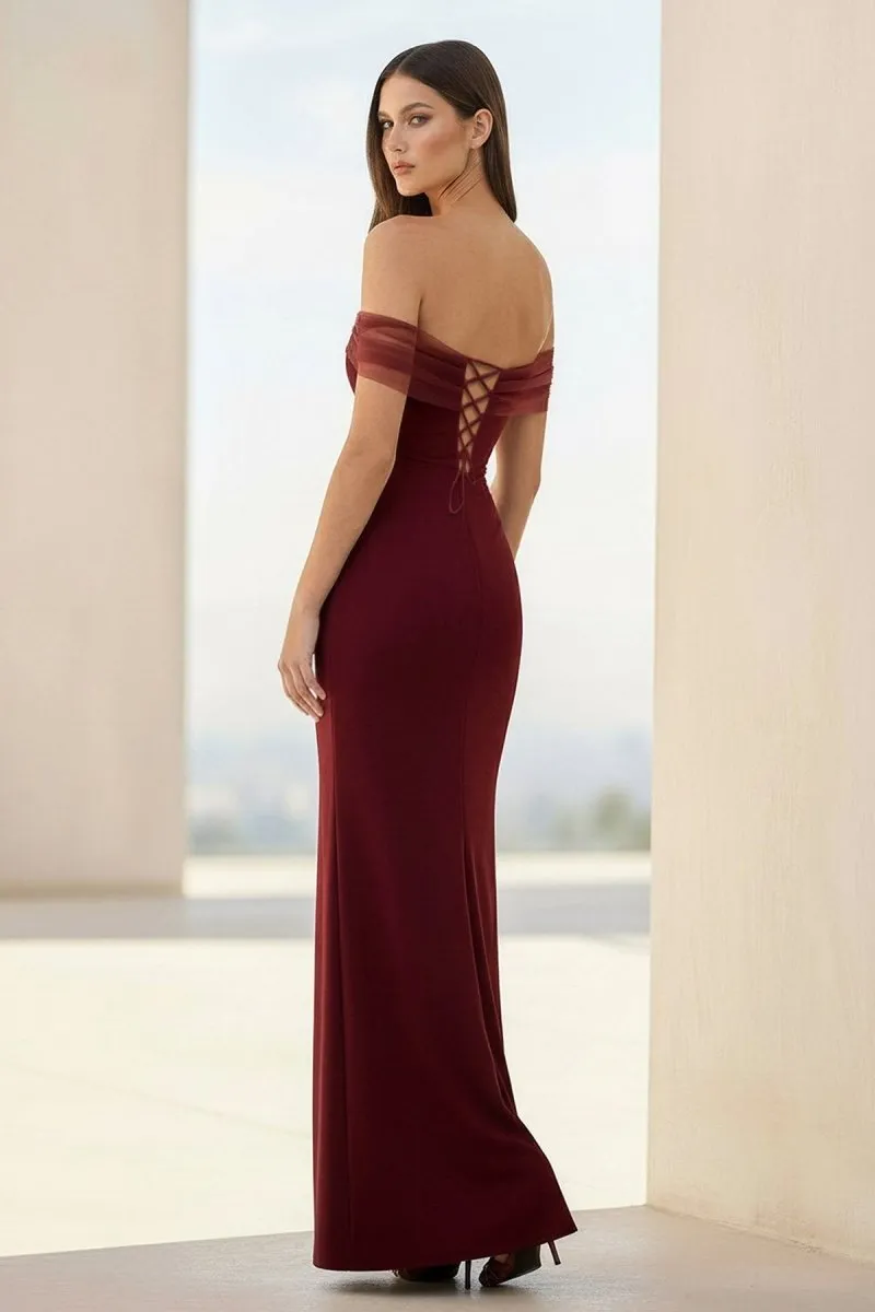 Fenisse | Burgundy - Off The Shoulder Mermaid Satin Long Formal Prom Dresses sold by KissProm product image thumbnail 3