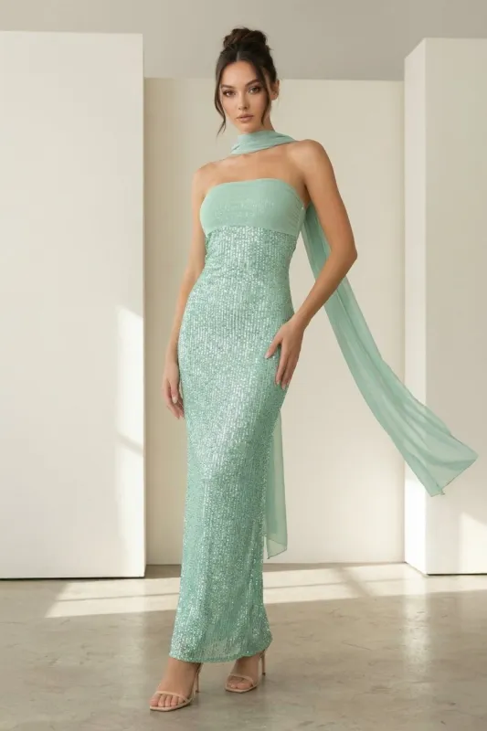 Aqua Strapless Sheath Sequined Formal Prom Dresses With Scarf sold by KissProm