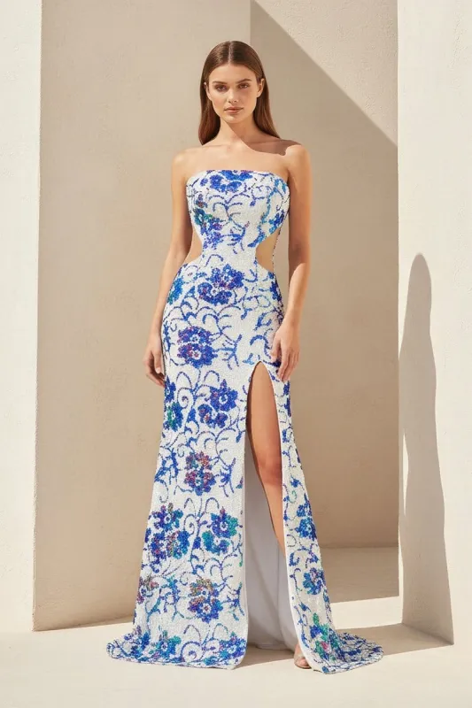 Astral | Blue - Strapless Mermaid Sequined Cutout Long Formal Prom Dresses With Slit sold by KissProm