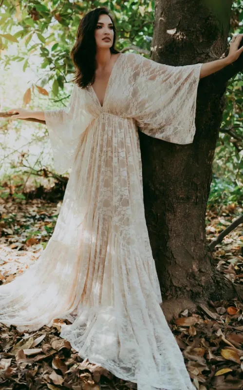 Elysia | A-Line Plunging Neckline Lace Wedding Dress With Open Back sold by KissProm