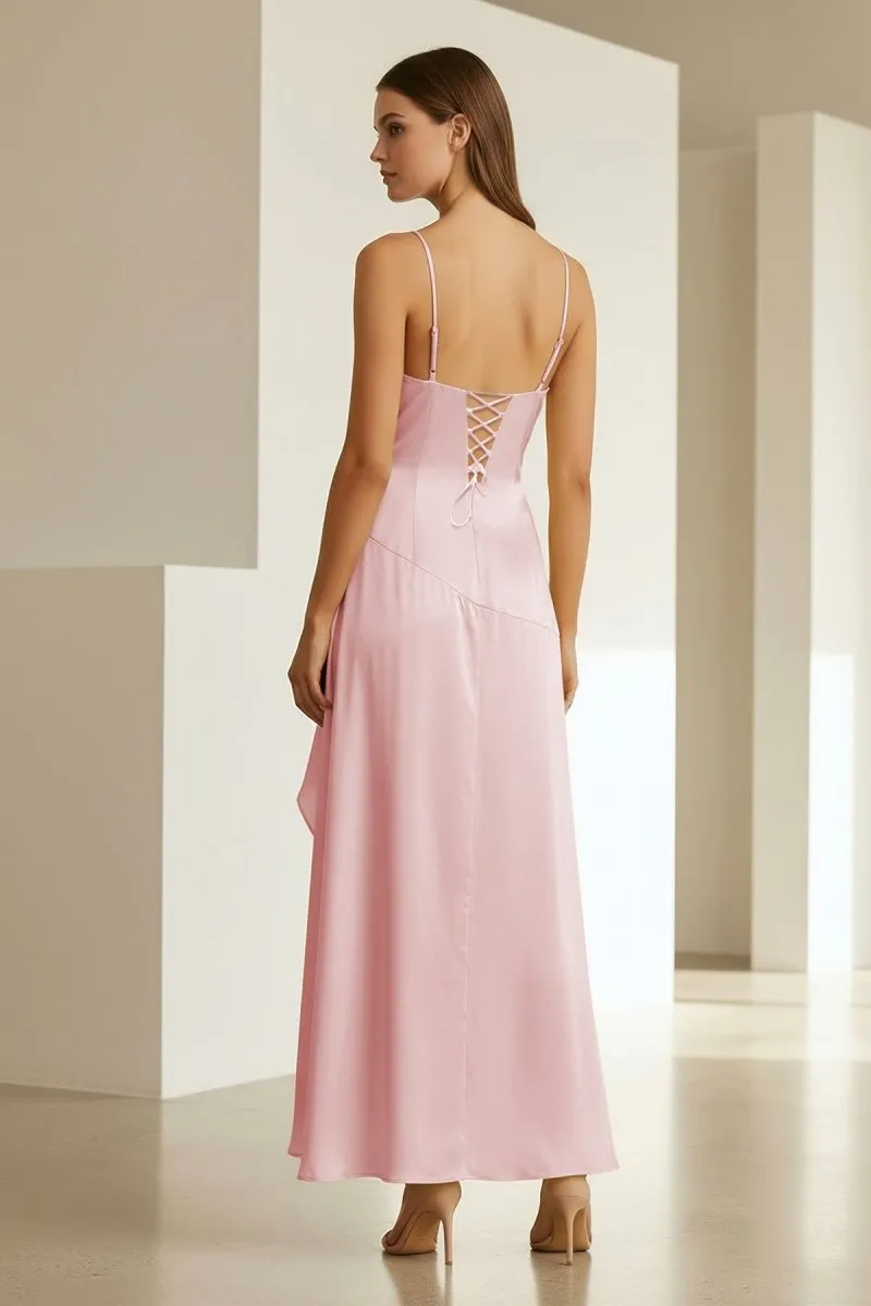 Cyndal | Pink - Spaghetti Straps Sheath Satin High Low Prom Dresses With Ruffles sold by KissProm product image thumbnail 2
