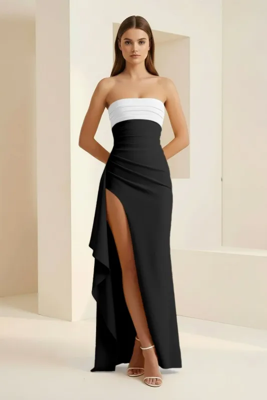 Delvine | Black-White - Mermaid Strapless Satin Pleated Long Prom Dress with Slit sold by KissProm