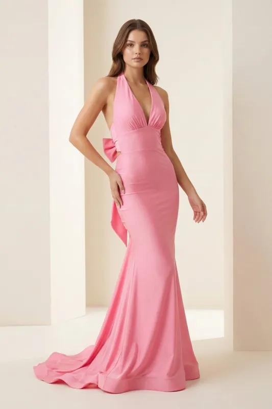 Pink Halter Mermaid Satin Open Back Formal Prom Dresses With Bow sold by KissProm