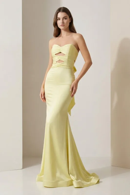 Yellow Strapless Mermaid Satin Formal Prom Dresses With Cutout sold by KissProm