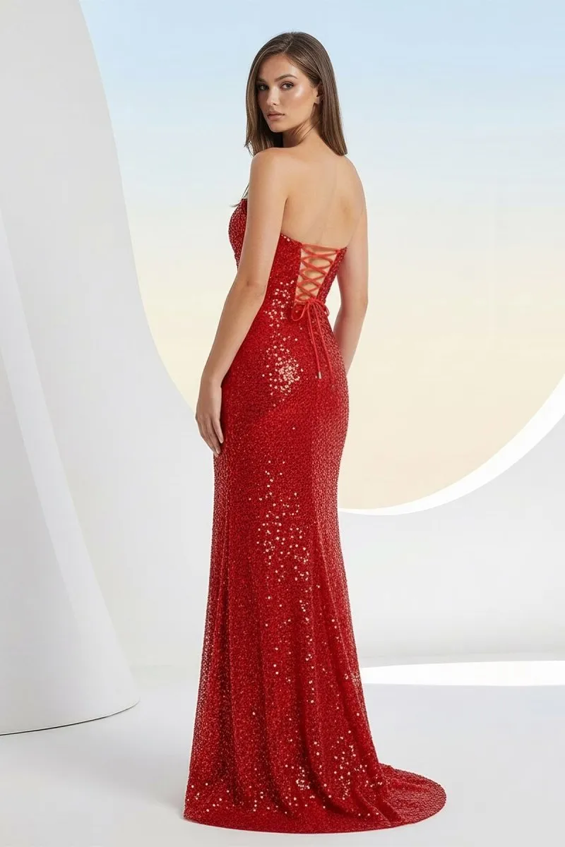 Liorina | Red - Strapless Mermaid Sequins Pleated Formal Prom Dresses With Slit sold by KissProm product image thumbnail 2