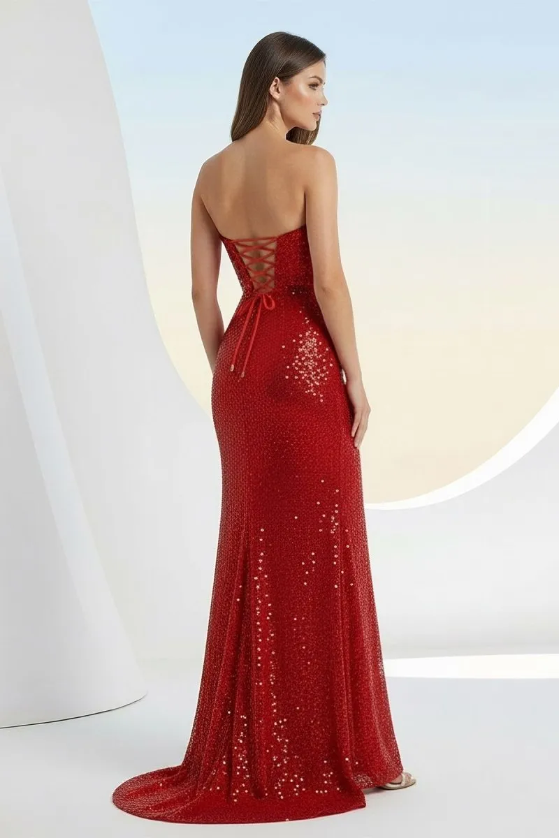 Liorina | Red - Strapless Mermaid Sequins Pleated Formal Prom Dresses With Slit sold by KissProm product image thumbnail 3
