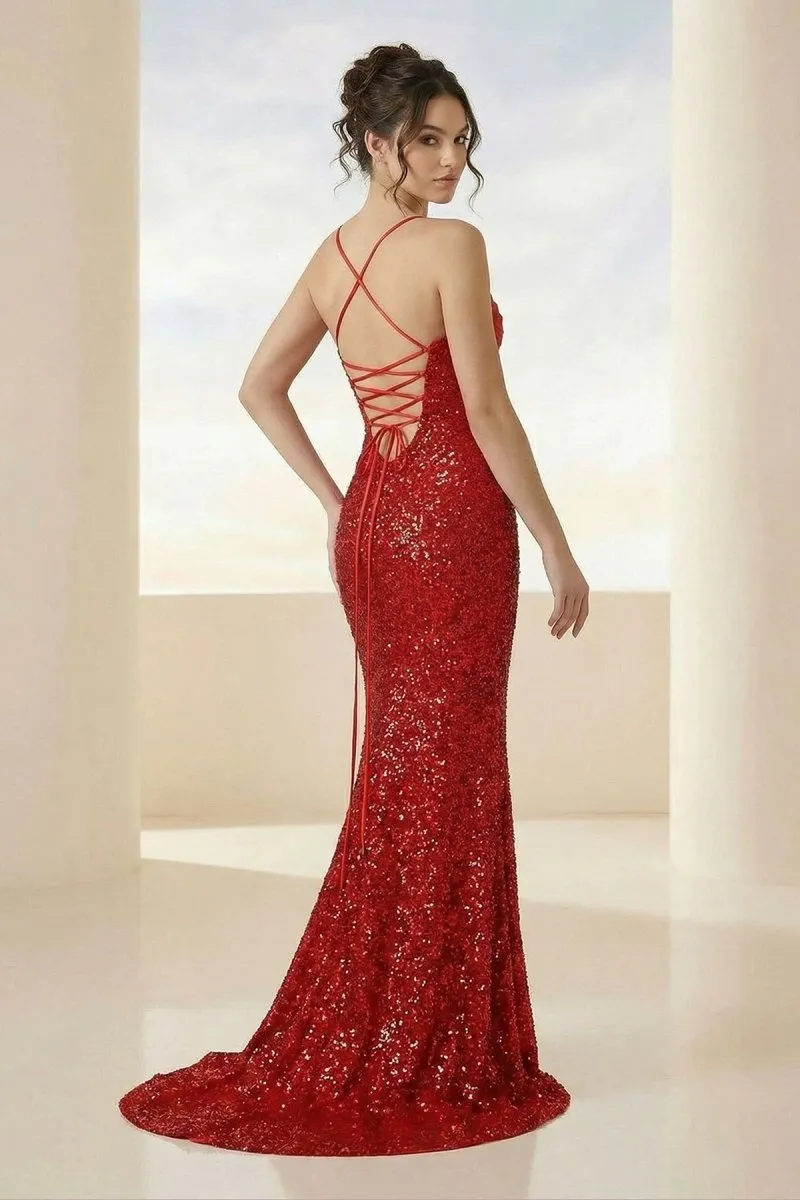 Calisyn | Red - Spaghetti Straps Sequins Mermaid Long Formal Prom Dresses With Slit sold by KissProm product image thumbnail 2