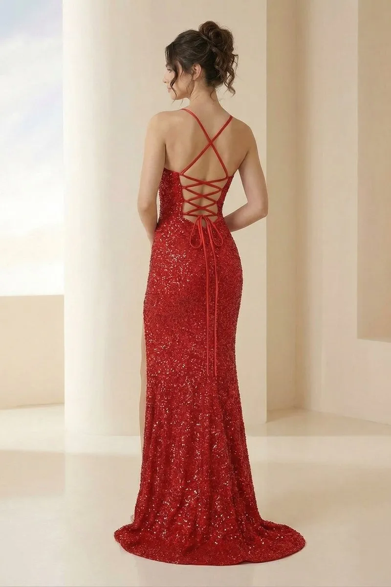 Calisyn | Red - Spaghetti Straps Sequins Mermaid Long Formal Prom Dresses With Slit sold by KissProm product image thumbnail 3