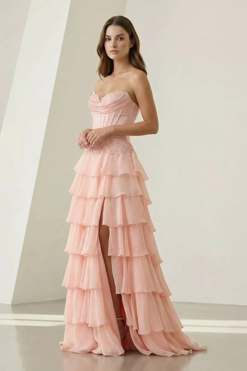 Pink Sweetheart Chiffon Ruffled A Line Formal Prom Dresses With Appliques sold by KissProm product image thumbnail 3