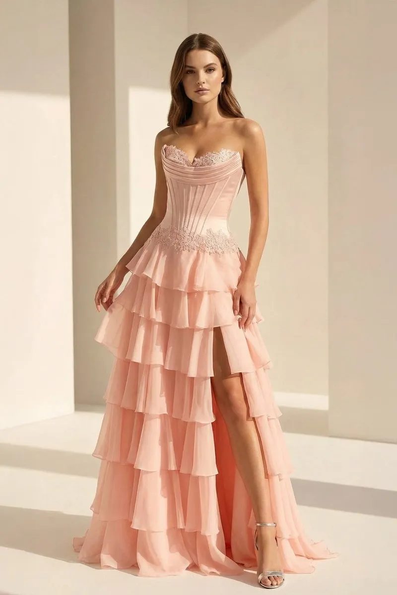 Pink Sweetheart Chiffon Ruffled A Line Formal Prom Dresses With Appliques sold by KissProm product image thumbnail 4