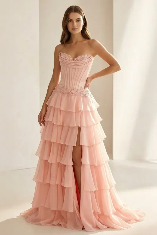 Pink Sweetheart Chiffon Ruffled A Line Formal Prom Dresses With Appliques sold by KissProm