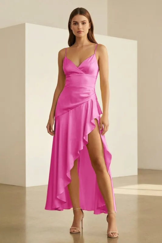 Cyndal | Fuchsia - Spaghetti Straps Sheath Satin High Low Prom Dresses With Ruffles sold by KissProm
