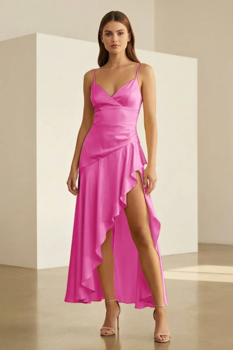 Cyndal | Fuchsia - Spaghetti Straps Sheath Satin High Low Prom Dresses With Ruffles sold by KissProm