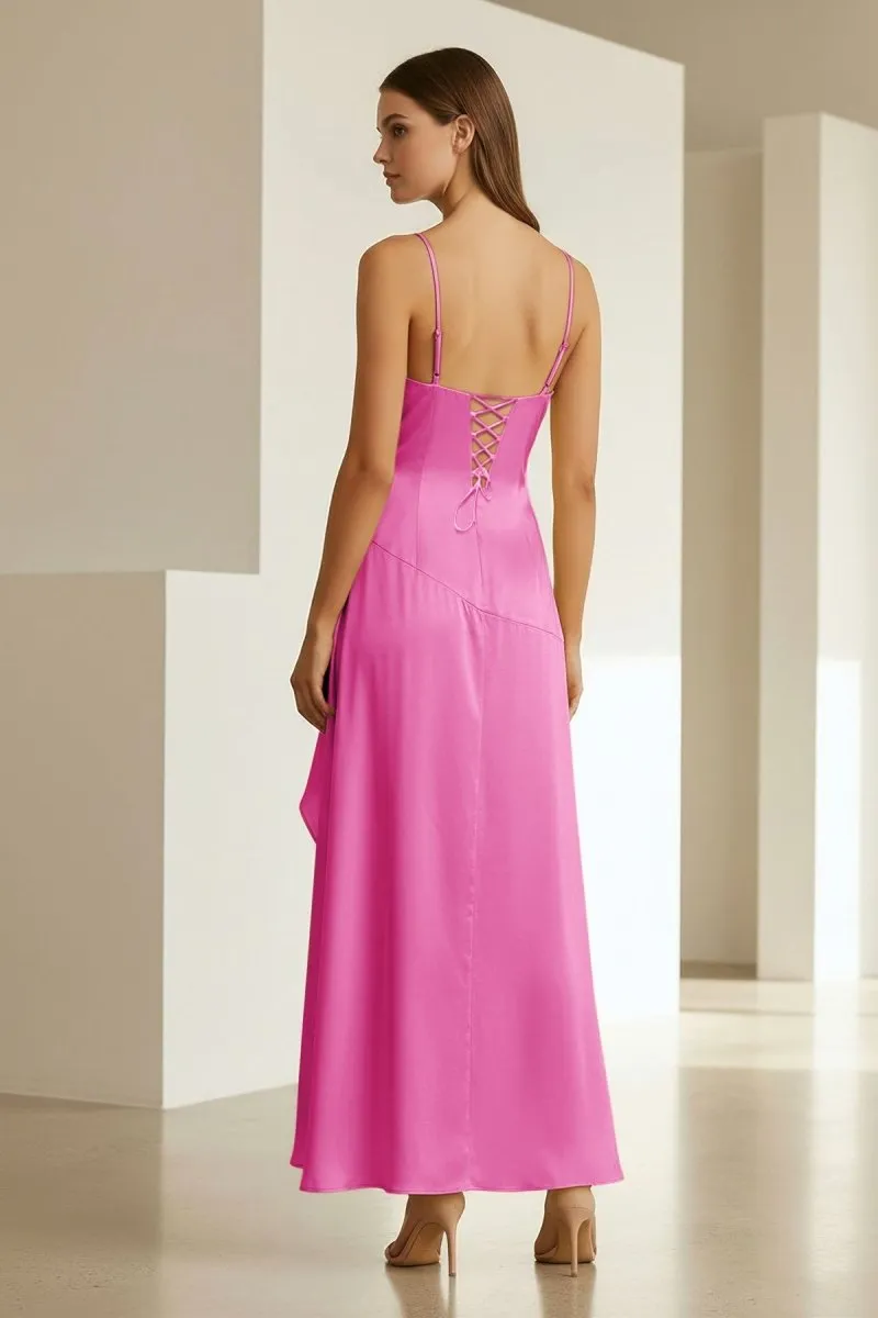 Cyndal | Fuchsia - Spaghetti Straps Sheath Satin High Low Prom Dresses With Ruffles sold by KissProm product image thumbnail 2