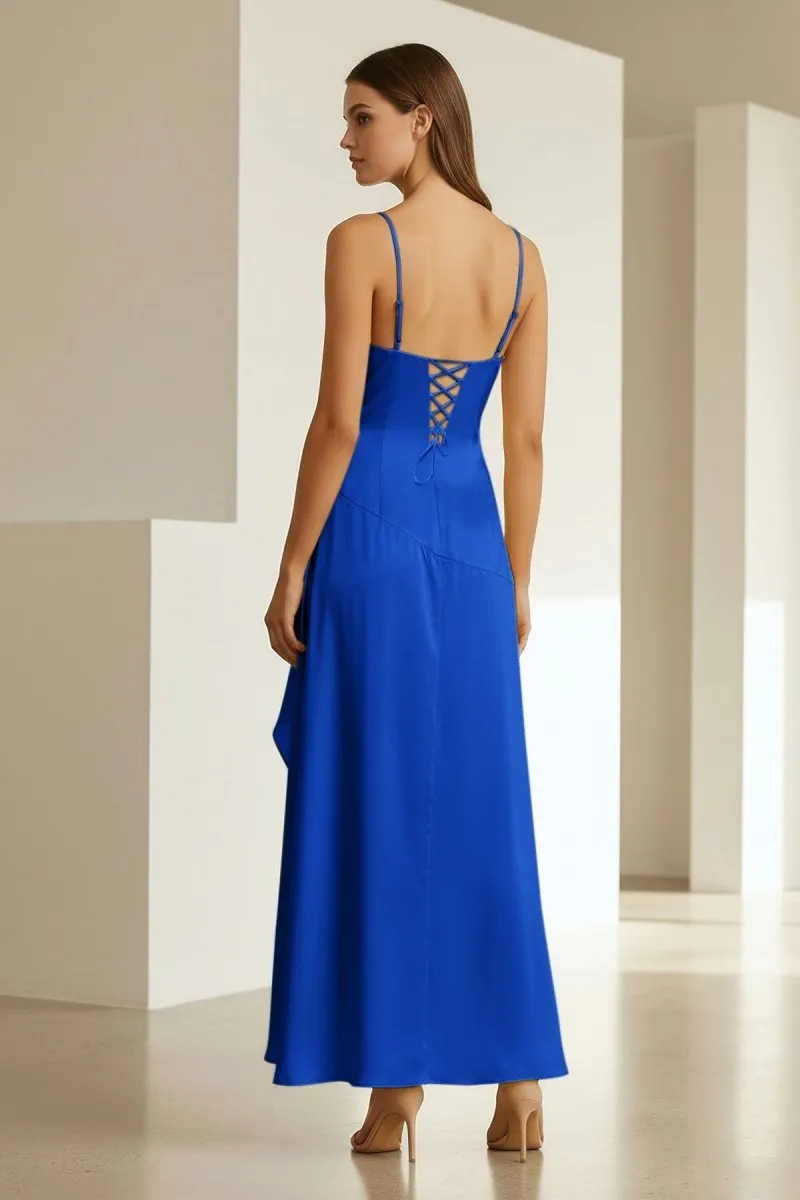 Cyndal | Royal Blue - Spaghetti Straps Sheath Satin High Low Prom Dresses With Ruffles sold by KissProm product image thumbnail 2
