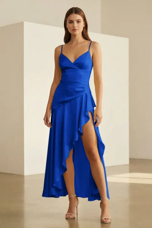 Cyndal | Royal Blue - Spaghetti Straps Sheath Satin High Low Prom Dresses With Ruffles sold by KissProm