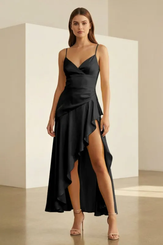 Cyndal | Black - Spaghetti Straps Sheath Satin High Low Prom Dresses With Ruffles sold by KissProm