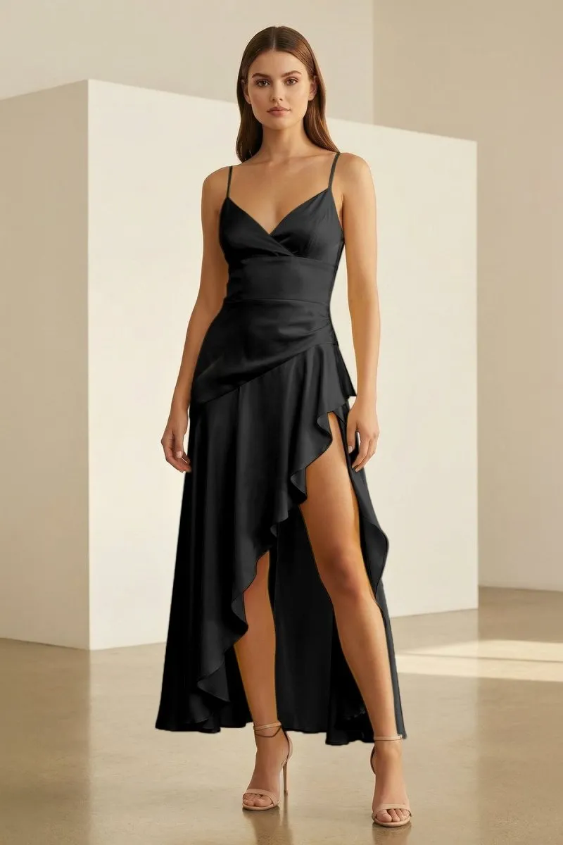 Cyndal | Black - Spaghetti Straps Sheath Satin High Low Prom Dresses With Ruffles sold by KissProm