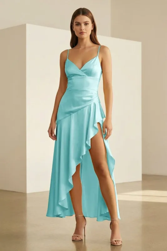 Cyndal | Aqua - Spaghetti Straps Sheath Satin High Low Prom Dresses With Ruffles sold by KissProm