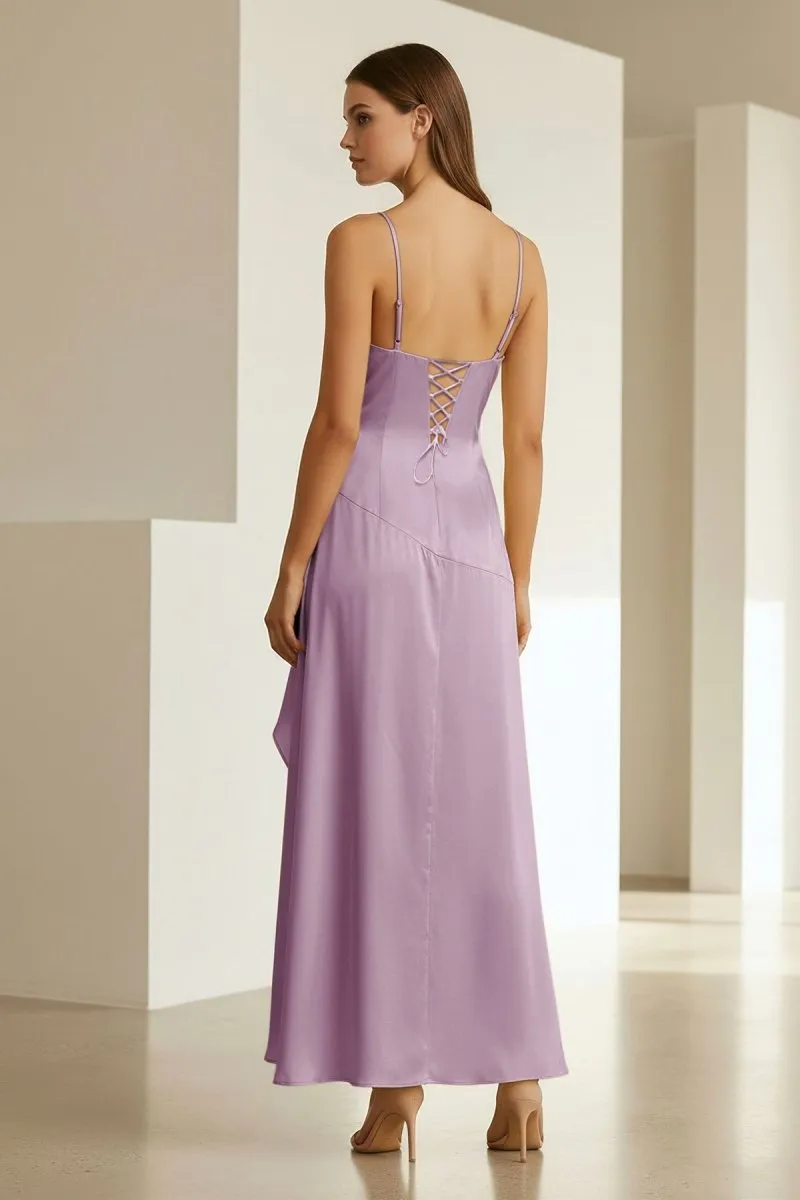 Cyndal | Lavender - Spaghetti Straps Sheath Satin High Low Prom Dresses With Ruffles sold by KissProm product image thumbnail 2