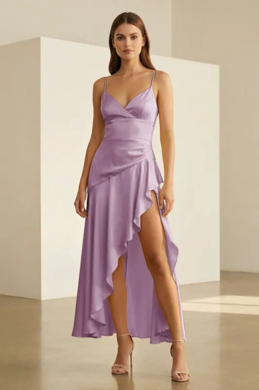 Cyndal | Lavender - Spaghetti Straps Sheath Satin High Low Prom Dresses With Ruffles sold by KissProm