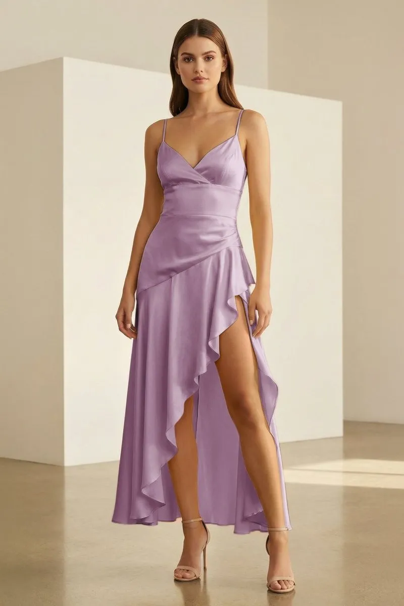 Cyndal | Lavender - Spaghetti Straps Sheath Satin High Low Prom Dresses With Ruffles sold by KissProm