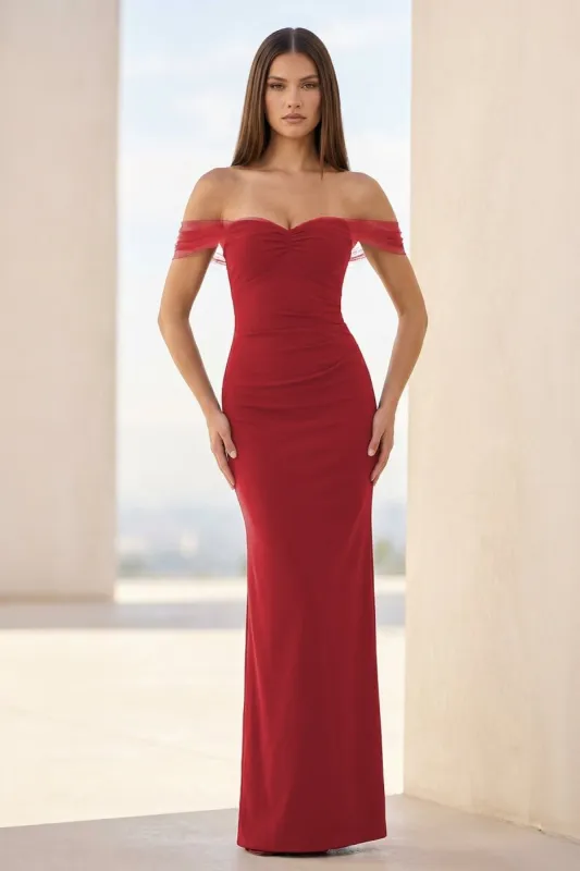 Fenisse | Red - Off The Shoulder Mermaid Satin Long Formal Prom Dresses sold by KissProm