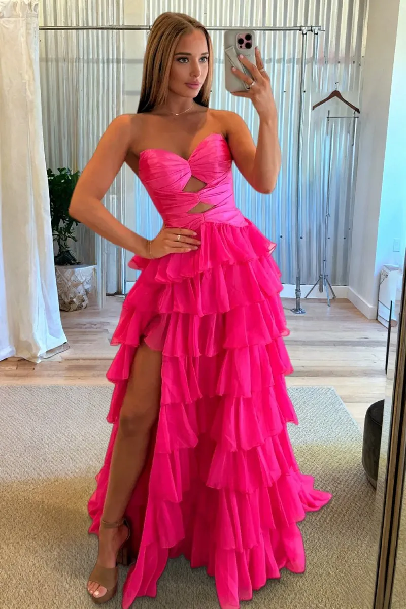 Fuchsia Sweetheart A Line Chiffon Ruffled Prom Dresses With Cutout sold by KissProm product image thumbnail 3