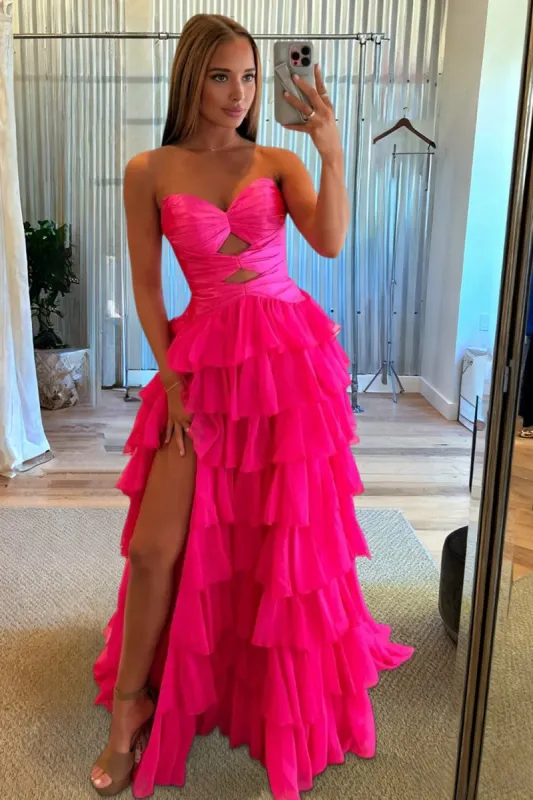 Aubree | Fuchsia - Strapless A Line Chiffon Ruffled Prom Dresses With Cutout sold by KissProm