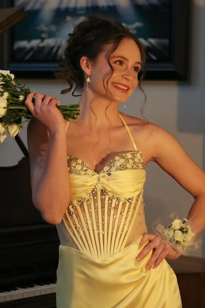 Julienne | Yellow - Halter Pleated Sheath Satin Long Prom Dresses With Beading sold by KissProm product image thumbnail 3