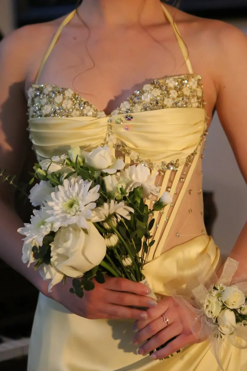 Julienne | Yellow - Halter Pleated Sheath Satin Long Prom Dresses With Beading sold by KissProm product image thumbnail 4