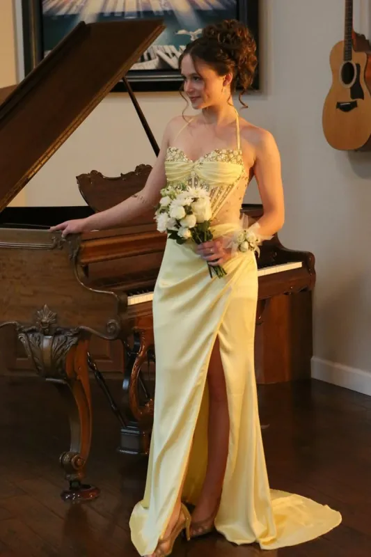 Julienne | Yellow - Halter Pleated Sheath Satin Long Prom Dresses With Beading sold by KissProm