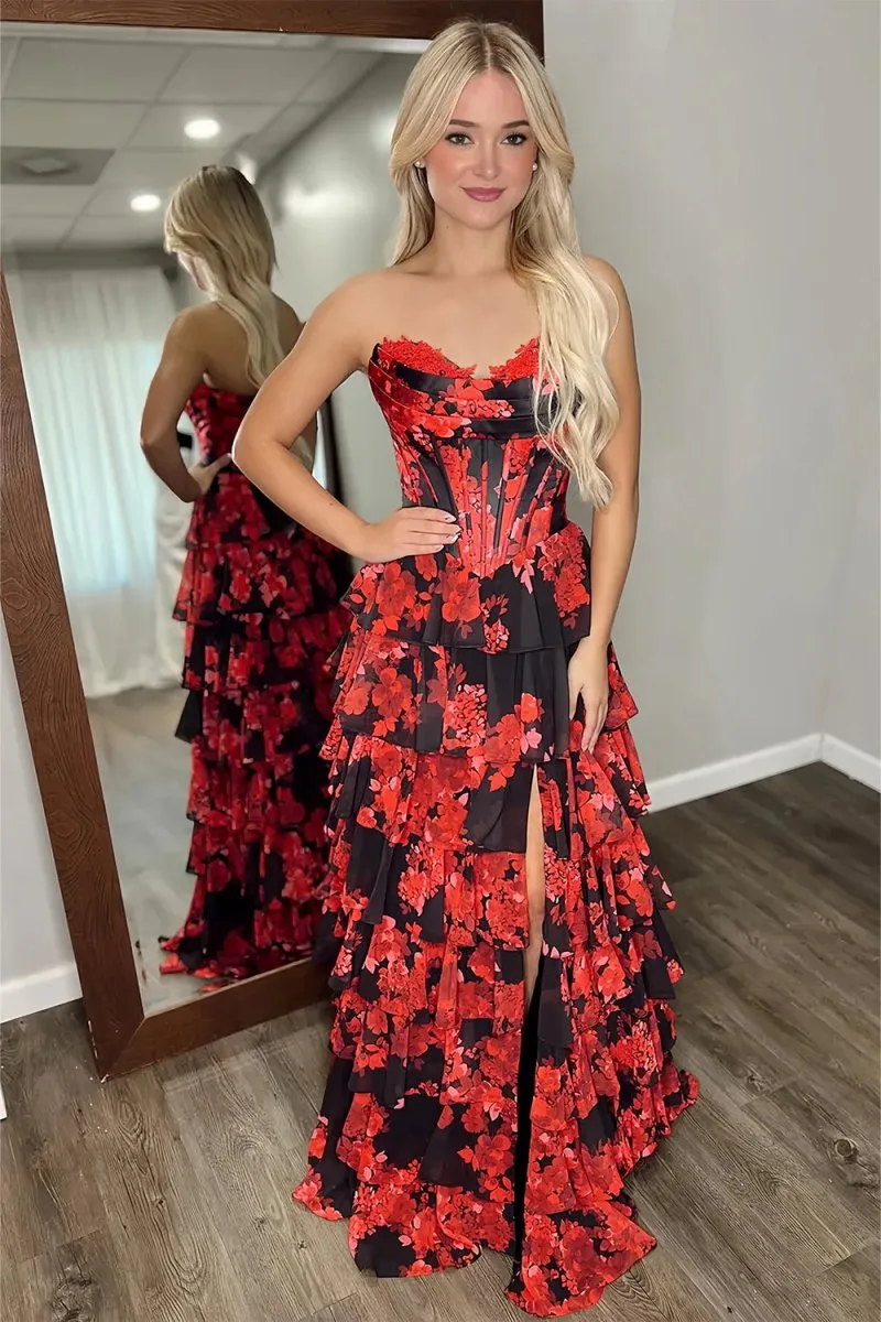 Red Strapless A Line Floral Chiffon Ruffled Prom Dresses With Slit sold by KissProm