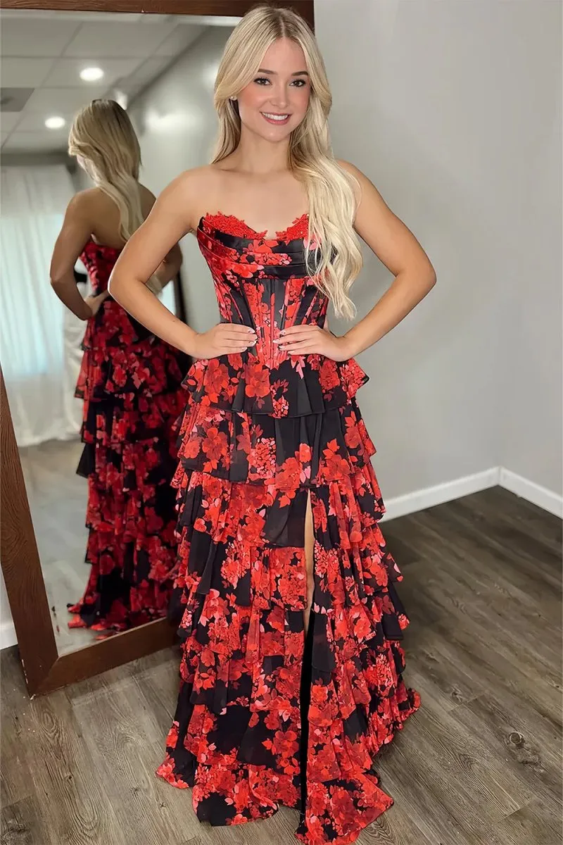 Red Strapless A Line Floral Chiffon Ruffled Prom Dresses With Slit sold by KissProm product image thumbnail 2
