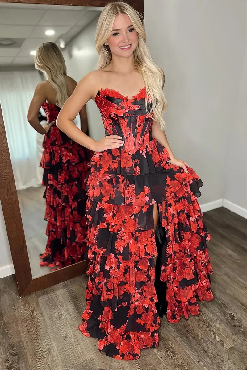 Red Strapless A Line Floral Chiffon Ruffled Prom Dresses With Slit sold by KissProm product image thumbnail 3