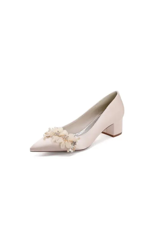 Pointed Toe Satin Slip-on Chunky Wedding Shoes With Flower sold by KissProm