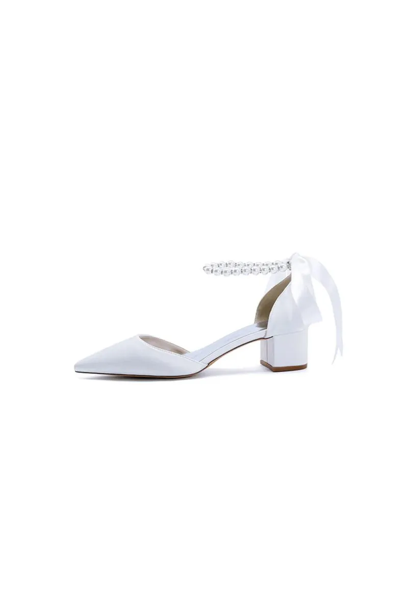 Pointed Toe Satin Pearl Ankle Strap Block Heels With Ribbon Tie sold by KissProm product image thumbnail 4