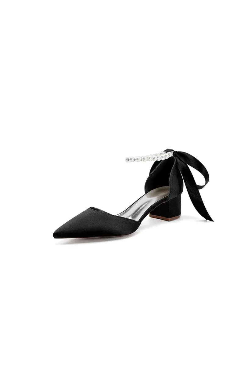 Pointed Toe Satin Pearl Ankle Strap Block Heels With Ribbon Tie sold by KissProm product image thumbnail 2