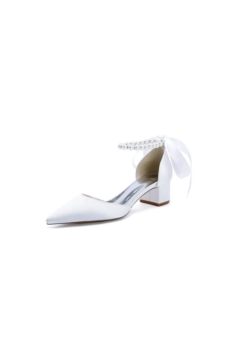Pointed Toe Satin Pearl Ankle Strap Block Heels With Ribbon Tie sold by KissProm product image thumbnail 3