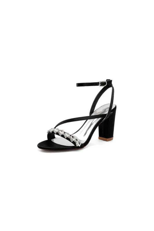 Open Toe Ankle Strap Satin Chunky Heels With Rhinestone sold by KissProm