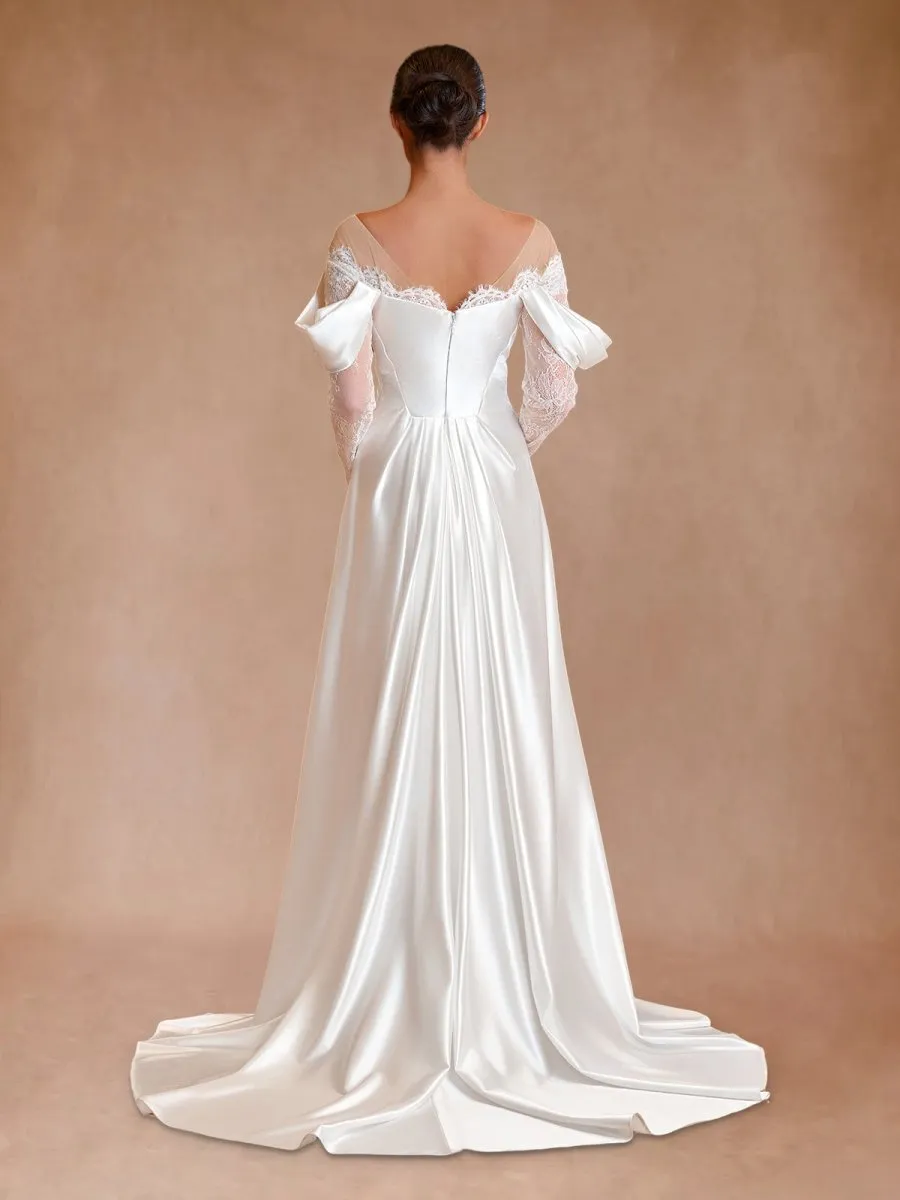 Mermaid Off-the-Shoulder Satin Lace Wedding Dress with Slit sold by KissProm product image thumbnail 2