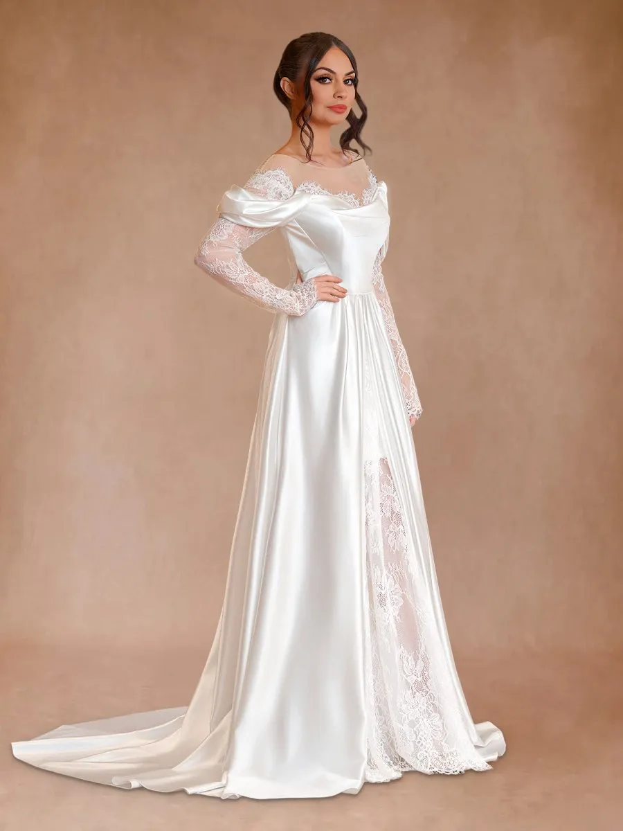 Mermaid Off-the-Shoulder Satin Lace Wedding Dress with Slit sold by KissProm product image thumbnail 3