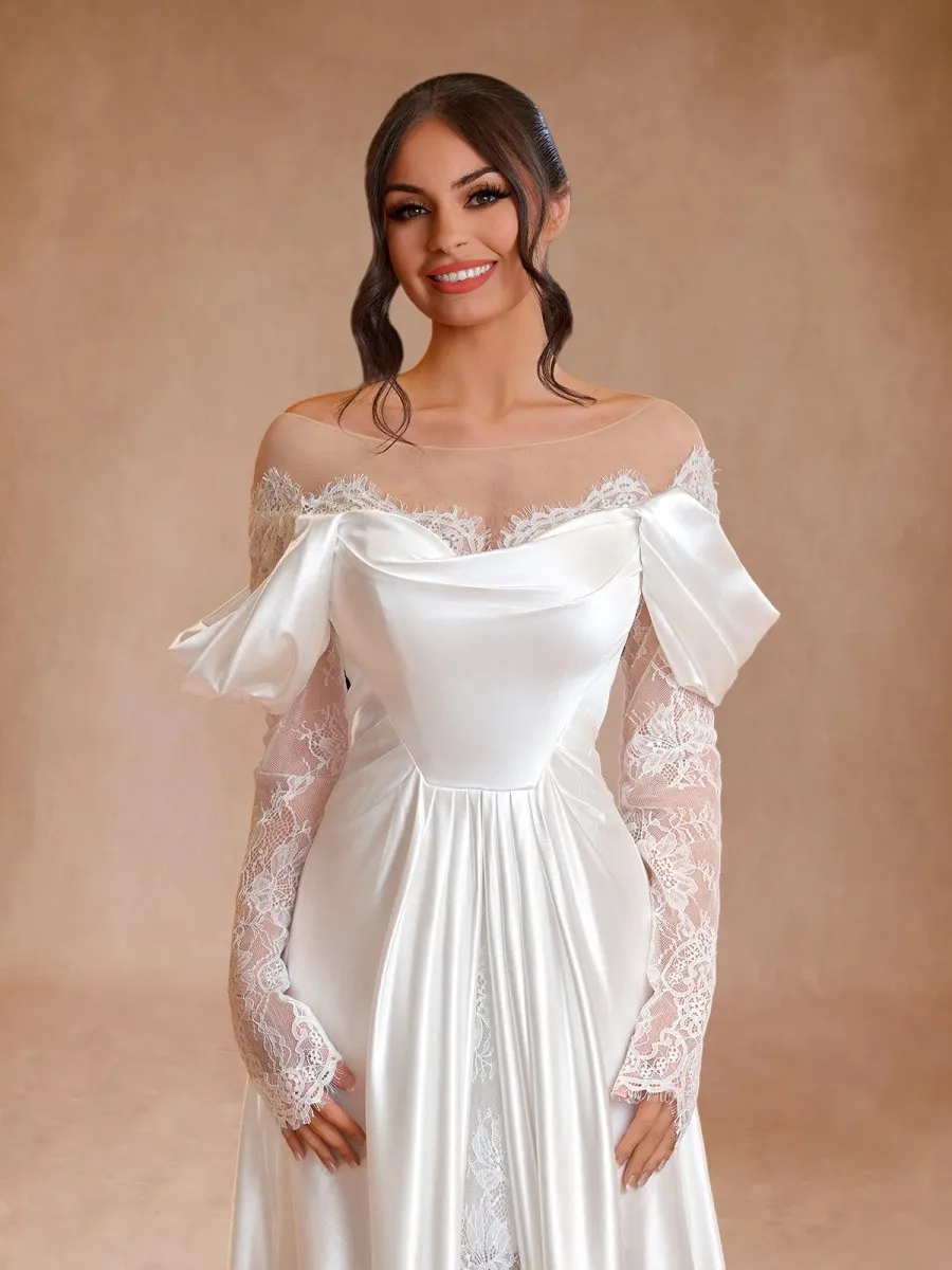 Mermaid Off-the-Shoulder Satin Lace Wedding Dress with Slit sold by KissProm product image thumbnail 5
