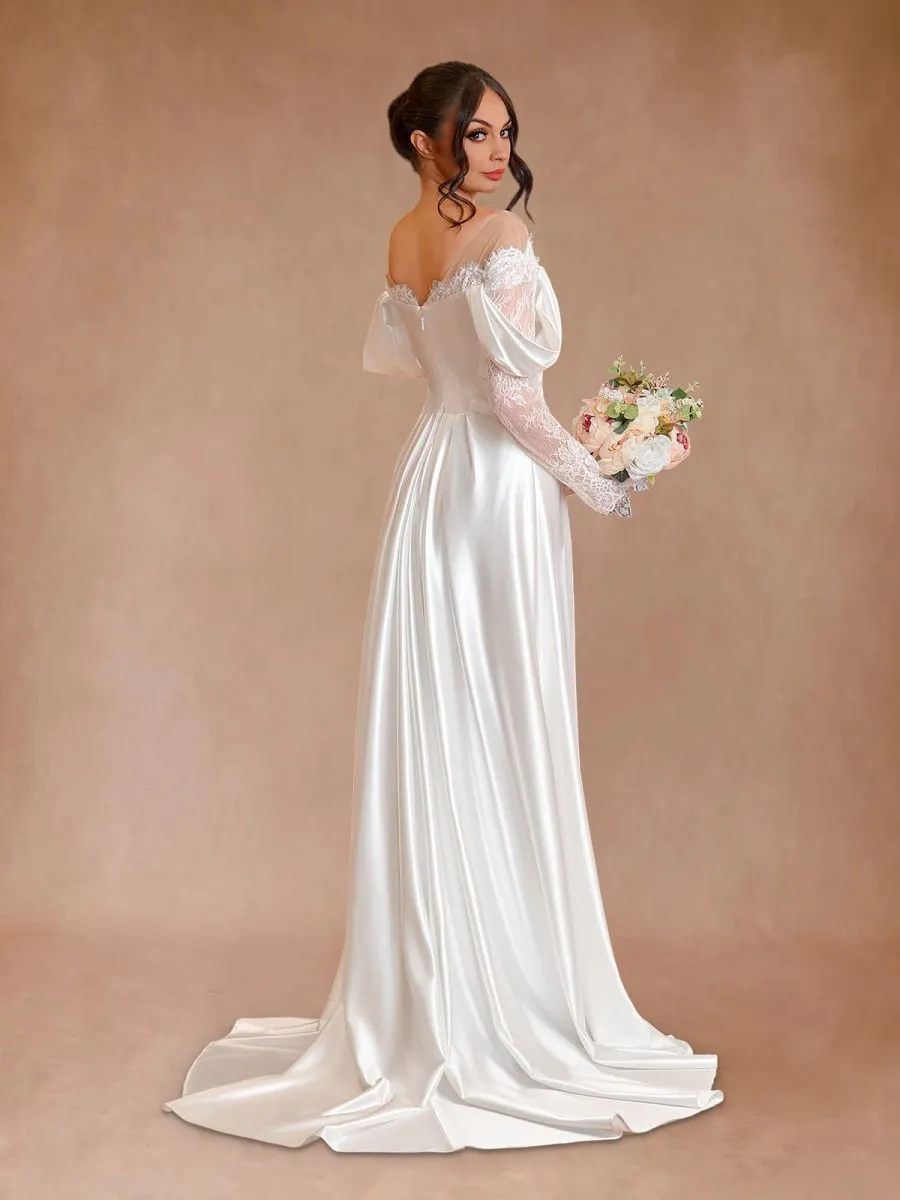 Mermaid Off-the-Shoulder Satin Lace Wedding Dress with Slit sold by KissProm product image thumbnail 4