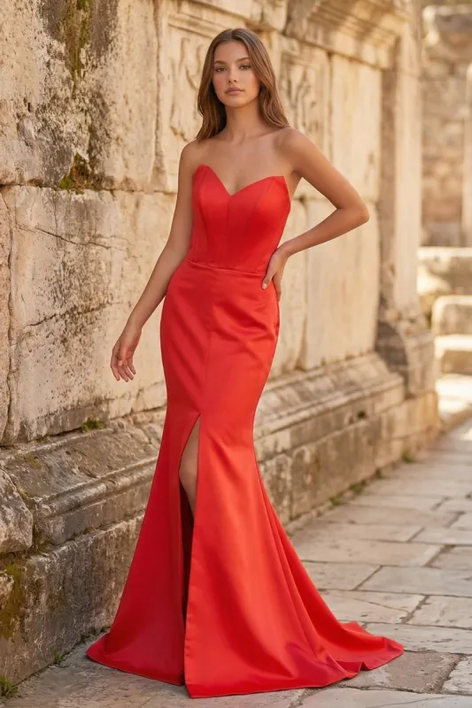Red Mermaid Strapless Satin Long Prom Dresses With Slit sold by KissProm