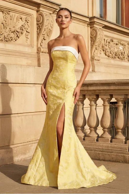 Yellow Strapless Mermaid Satin Long Prom Dresses With Slit made by KissProm