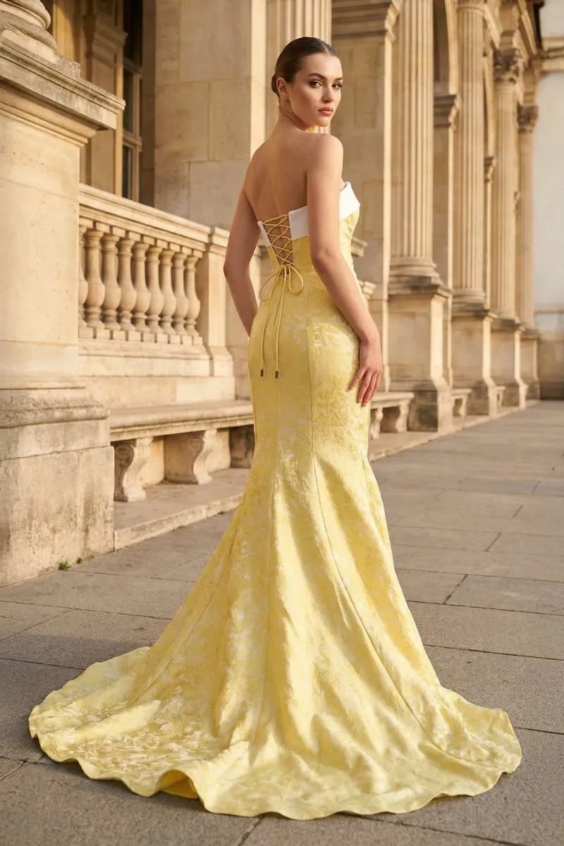 Yellow Strapless Mermaid Satin Long Prom Dresses With Slit sold by KissProm product image thumbnail 2