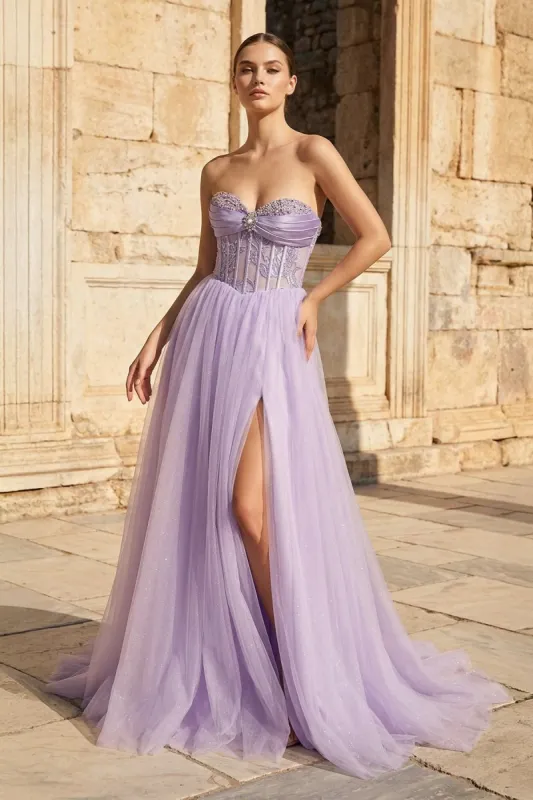 Lilac Sweetheart A Line Tulle Long Prom Dresses With Beading made by KissProm