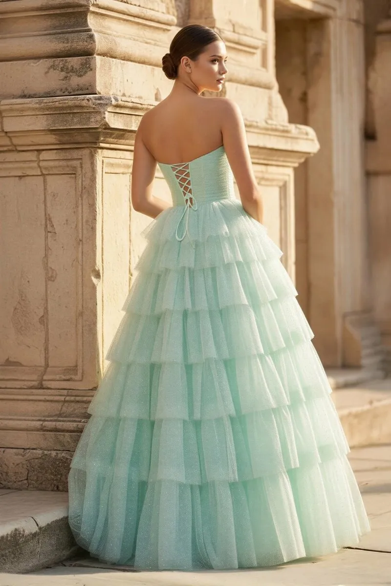 Mint Green Sweetheart Tulle Tiered A-Line Long Prom Dress with Slit sold by KissProm product image thumbnail 2