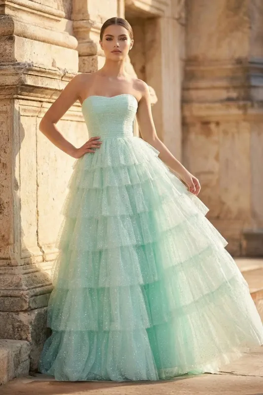 Mint Green Sweetheart Tulle Tiered A-Line Long Prom Dress with Slit made by KissProm